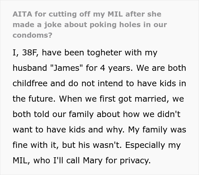 Text discussing MIL joke about sabotaging birth control to become a grandma. Text discussing MIL joke about sabotaging birth control to become a grandma.