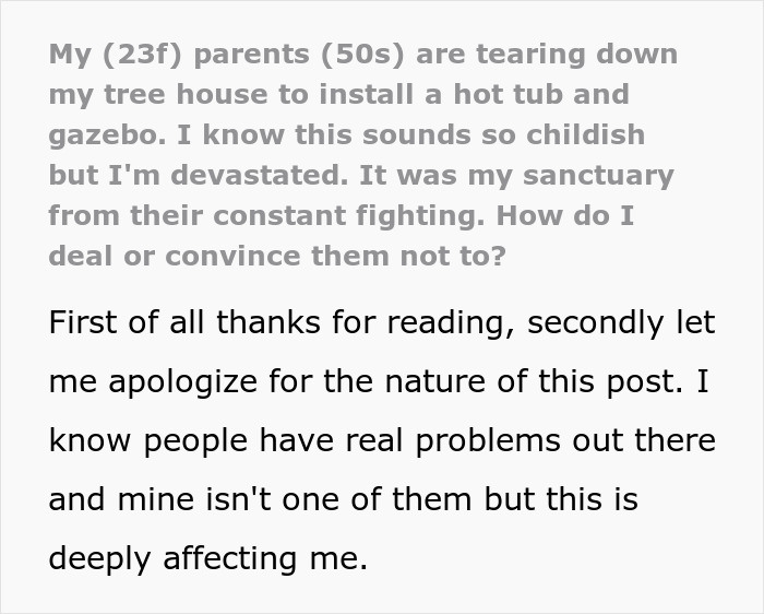 Sad daughter sitting alone, upset as her childhood tree house is being torn down by her parents. Sad daughter sitting alone, upset as her childhood tree house is being torn down by her parents.