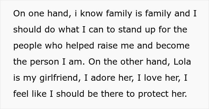 Text from a man's perspective about choosing between family and his adored girlfriend. Text from a man's perspective about choosing between family and his adored girlfriend.