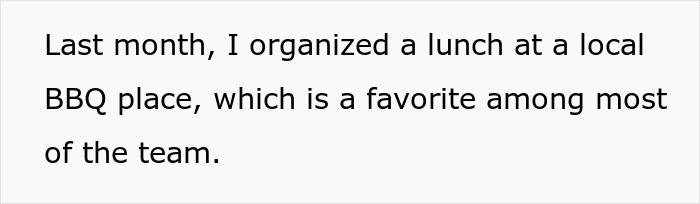 Text about organizing a BBQ lunch favorite among team, missing a coworker due to her diet. Text about organizing a BBQ lunch favorite among team, missing a coworker due to her diet.