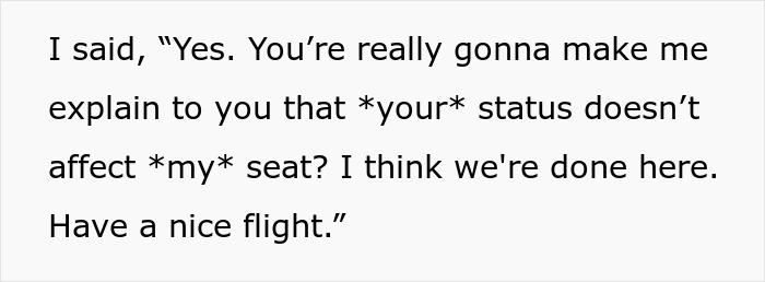 Text exchange about airline seat dispute involving platinum status and flight attendant intervention. Text exchange about airline seat dispute involving platinum status and flight attendant intervention.