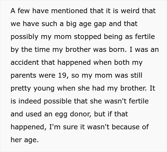 Text discussing a woman's surprise at family DNA results and questioning fertility issues due to age differences. Text discussing a woman's surprise at family DNA results and questioning fertility issues due to age differences.
