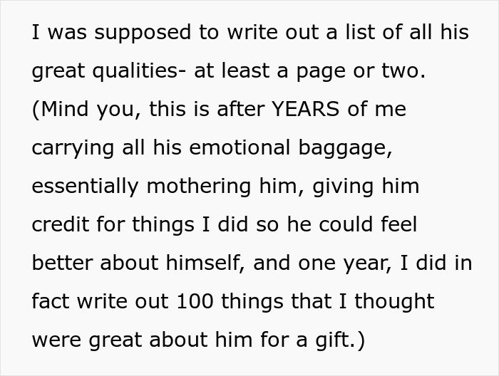 Text excerpt describing a wife reflecting on years of supporting her husband in a therapist-assigned homework task. Text excerpt describing a wife reflecting on years of supporting her husband in a therapist-assigned homework task.