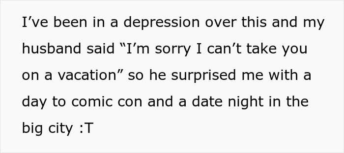 Text on a white background describing a woman choosing an affordable getaway with her husband instead of attending an expensive wedding.