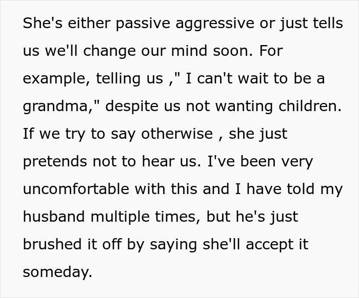 Text discussing mother-in-law's passive-aggressive joke about having grandchildren despite couple's decision. Text discussing mother-in-law's passive-aggressive joke about having grandchildren despite couple's decision.