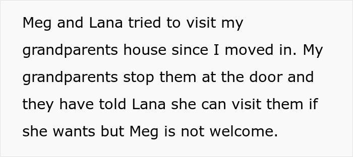 Text screenshot about unwelcomed visit and family boundaries, involving grandparents and two individuals, Meg and Lana. Text screenshot about unwelcomed visit and family boundaries, involving grandparents and two individuals, Meg and Lana.