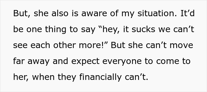 Text about a woman living far away, expecting family help despite financial constraints. Text about a woman living far away, expecting family help despite financial constraints.