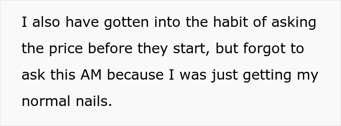 Text about forgetting to ask nail prices before a salon visit. Text about forgetting to ask nail prices before a salon visit.