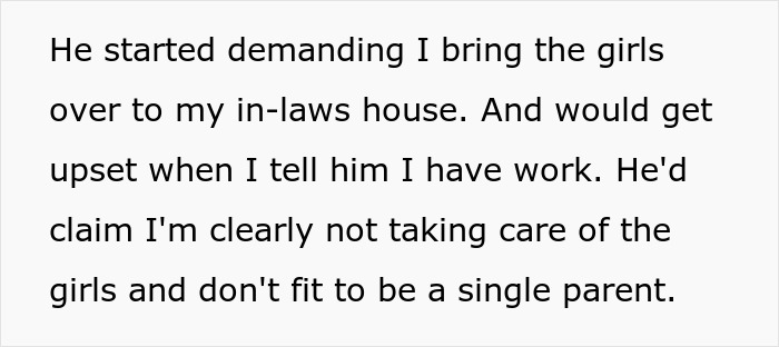 Text about someone demanding childcare arrangements, questioning the woman's parenting. Text about someone demanding childcare arrangements, questioning the woman's parenting.