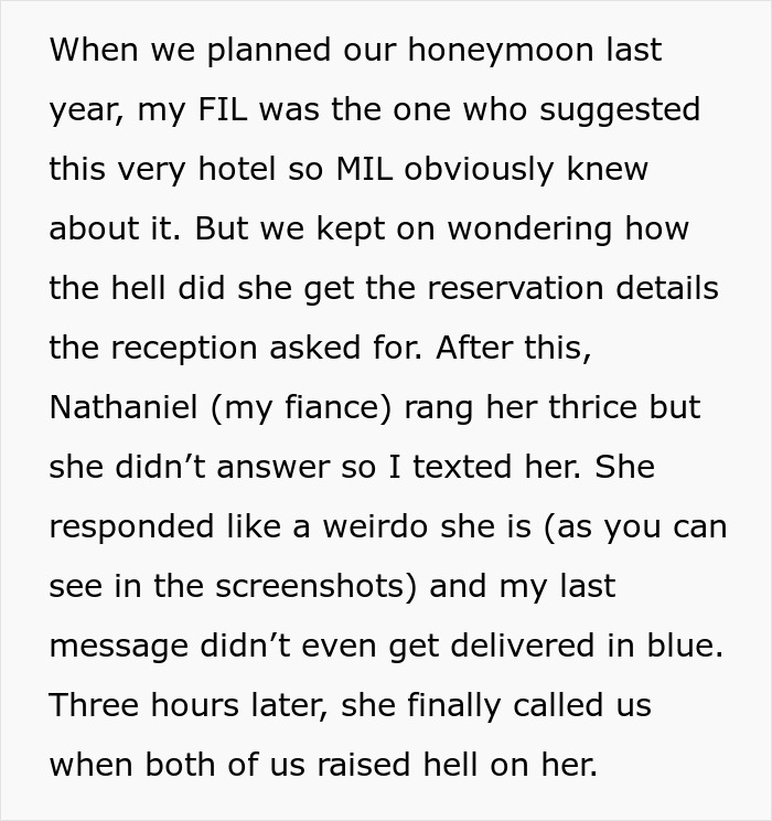 Text exchange over a canceled honeymoon with MIL, discussing reservation details and lack of response. Text exchange over a canceled honeymoon with MIL, discussing reservation details and lack of response.