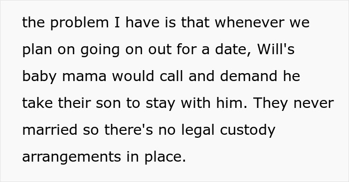 Text about a man’s ex disrupting his dates by demanding he take their toddler, causing frustration for his girlfriend. Text about a man’s ex disrupting his dates by demanding he take their toddler, causing frustration for his girlfriend.