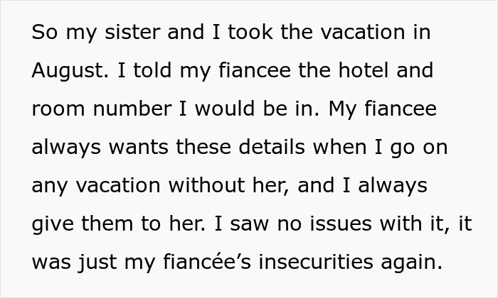 Text about a woman concerned about fiancé's family vacation detailing insecurities and sharing hotel info. Text about a woman concerned about fiancé's family vacation detailing insecurities and sharing hotel info.