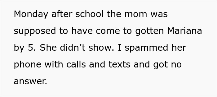 Text about a woman not picking up her daughter as planned, leading to concern and unanswered calls. Text about a woman not picking up her daughter as planned, leading to concern and unanswered calls.