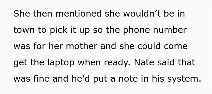 Text communication about a student and her laptop pickup, mentioning her absence and arrangement for her mother to retrieve it. Text communication about a student and her laptop pickup, mentioning her absence and arrangement for her mother to retrieve it.