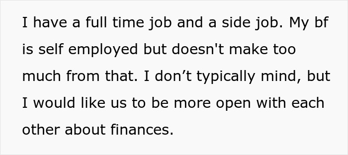 Woman discusses financial transparency with her self-employed boyfriend regarding rent money management. Woman discusses financial transparency with her self-employed boyfriend regarding rent money management.