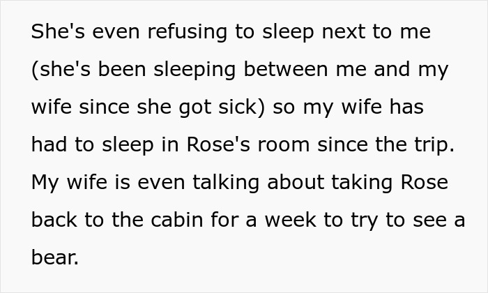 Text excerpt showing a girl with leukemia refusing to sleep next to family, while her dad and wife discuss bears. Text excerpt showing a girl with leukemia refusing to sleep next to family, while her dad and wife discuss bears.