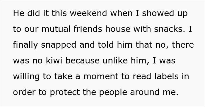 Text about a friend reading labels for gluten-free meal preparation, mentioning snacks and protecting others. Text about a friend reading labels for gluten-free meal preparation, mentioning snacks and protecting others.