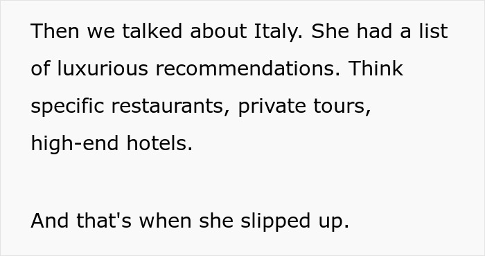 Text about Italy trip plans, mentioning luxurious restaurants and accommodations. Text about Italy trip plans, mentioning luxurious restaurants and accommodations.