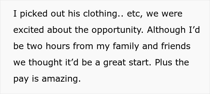 Text on partner's clothing choice and job opportunity excitement, unaware of ulterior motive. Text on partner's clothing choice and job opportunity excitement, unaware of ulterior motive.