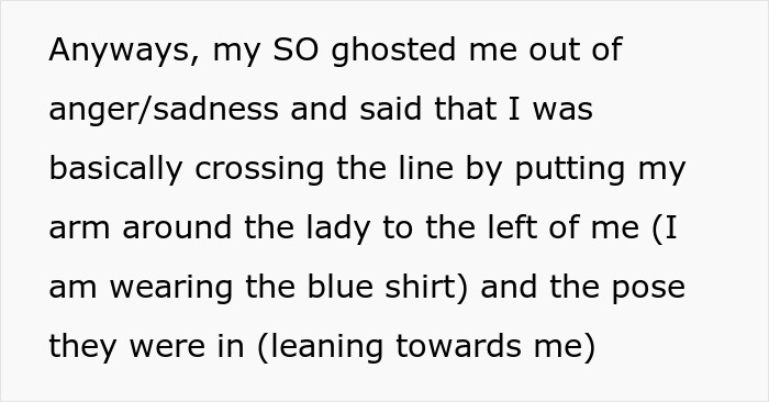 Text screenshot about a boyfriend's arm placement in a group photo causing issues with his partner. Text screenshot about a boyfriend's arm placement in a group photo causing issues with his partner.