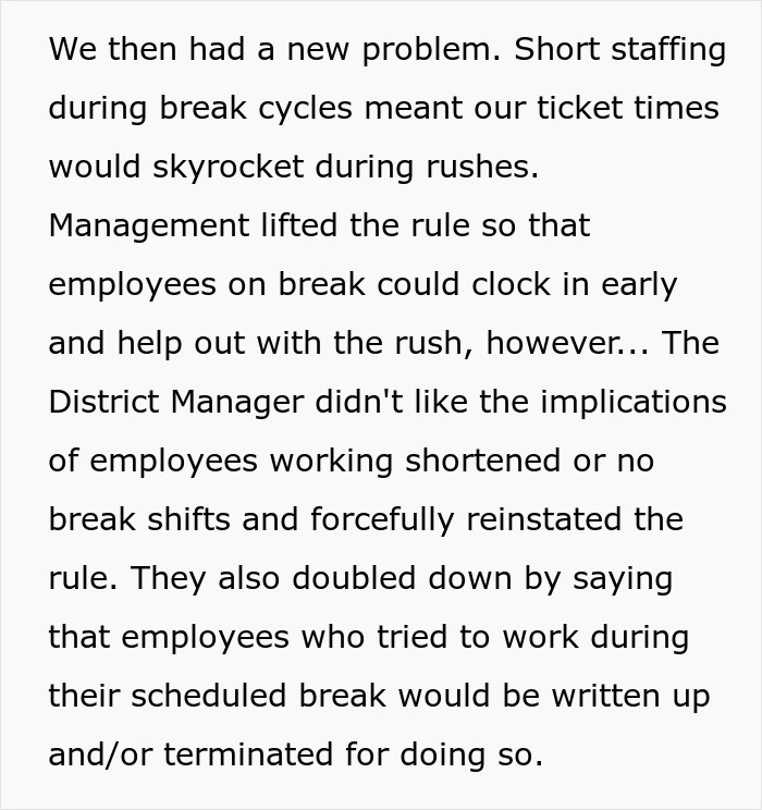 Text about employee break policy strictly enforced, causing chaos in short-staffed kitchen. Text about employee break policy strictly enforced, causing chaos in short-staffed kitchen.
