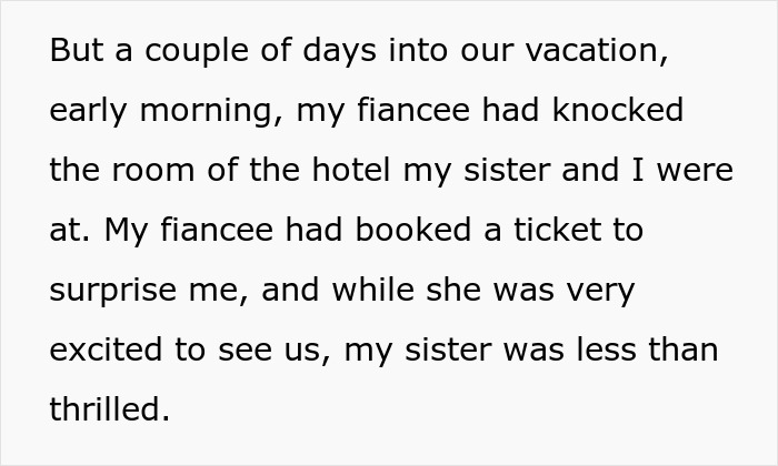 Text message about a surprise visit from a fiancée during a family vacation, causing mixed reactions. Text message about a surprise visit from a fiancée during a family vacation, causing mixed reactions.