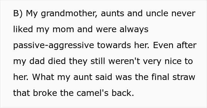 Text image detailing family conflict and emotional tensions involving a mom, grandmother, aunts, and uncle. Text image detailing family conflict and emotional tensions involving a mom, grandmother, aunts, and uncle.
