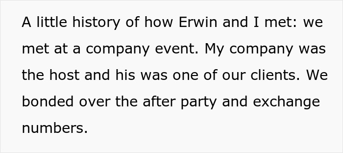Text detailing bride and fiancé's first meeting at a company event. Text detailing bride and fiancé's first meeting at a company event.