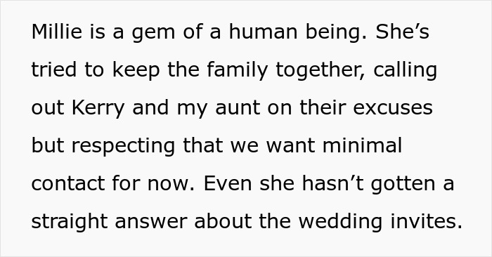 Family dynamics discussed, Millie attempts to maintain harmony despite unclear wedding invites. Family dynamics discussed, Millie attempts to maintain harmony despite unclear wedding invites.