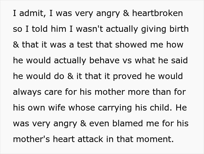 Mom-to-be expresses anger in text after testing husband's loyalty with fake labor and discovering his preference for his mother. Mom-to-be expresses anger in text after testing husband's loyalty with fake labor and discovering his preference for his mother.