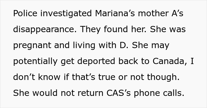Text about a woman found pregnant after disappearing, possibly facing deportation, and not returning calls. Text about a woman found pregnant after disappearing, possibly facing deportation, and not returning calls.