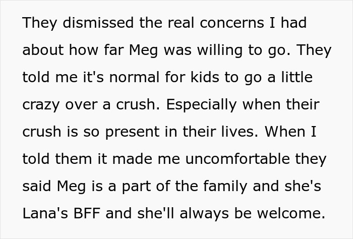 Text about dismissing concerns of harassment, mentioning Meg, a crush, and being part of the family. Text about dismissing concerns of harassment, mentioning Meg, a crush, and being part of the family.
