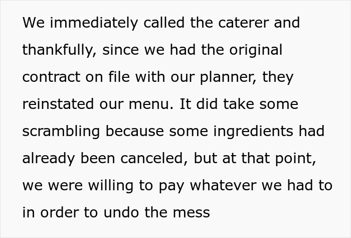 Text about reinstating a wedding menu after changes by MIL, highlighting the importance of password protection. Text about reinstating a wedding menu after changes by MIL, highlighting the importance of password protection.