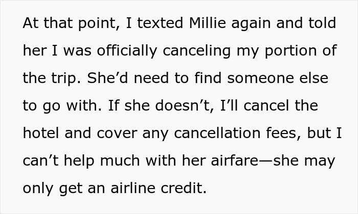 Text message about canceling a trip and handling fees, mentioning airfare and airline credit options. Text message about canceling a trip and handling fees, mentioning airfare and airline credit options.