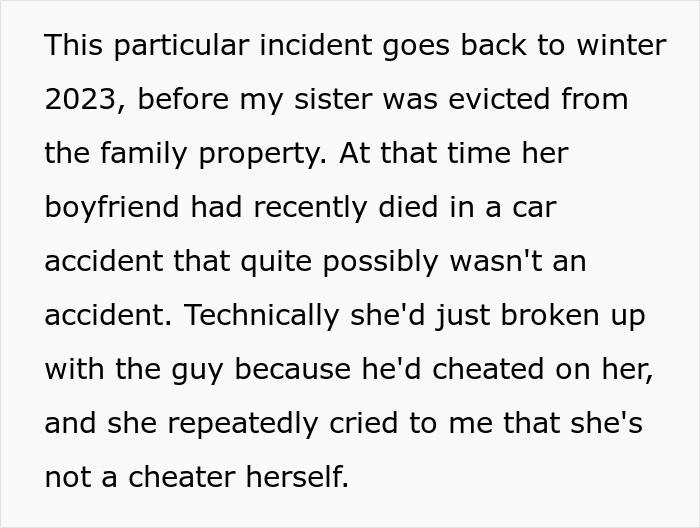 Text discussing a woman's eviction and her boyfriend's suspicious car accident, questioning infidelity. Text discussing a woman's eviction and her boyfriend's suspicious car accident, questioning infidelity.