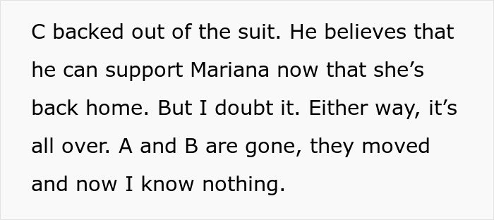 Text excerpt about someone backing out of a suit and uncertainty about Mariana's support. Text excerpt about someone backing out of a suit and uncertainty about Mariana's support.