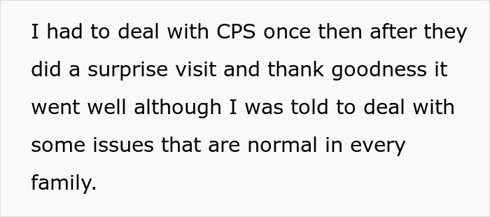 Text discussing a surprise CPS visit and family issues, related to a woman accused of being spiteful. Text discussing a surprise CPS visit and family issues, related to a woman accused of being spiteful.