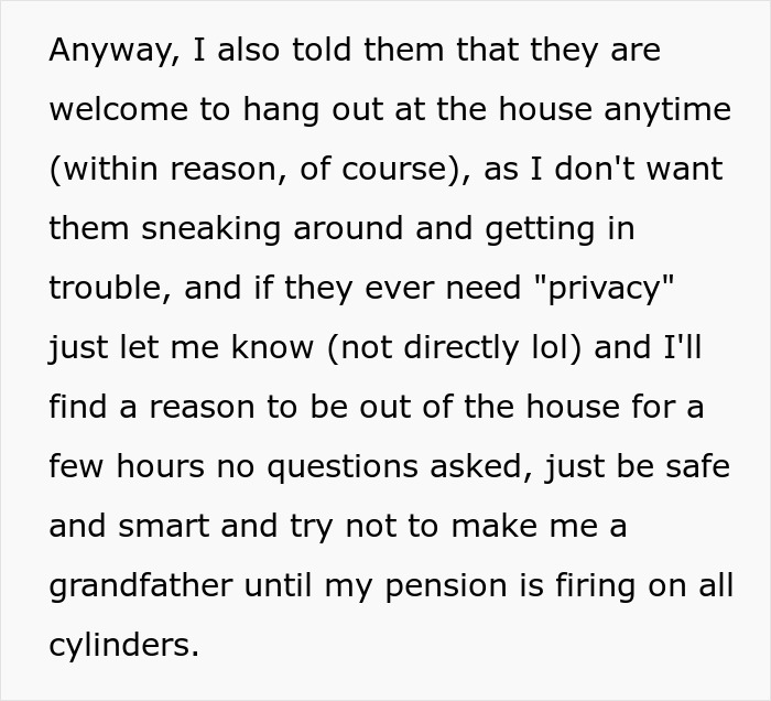Dad discusses letting son and girlfriend hang out at home under conditions, joking about future plans and safety. Dad discusses letting son and girlfriend hang out at home under conditions, joking about future plans and safety.