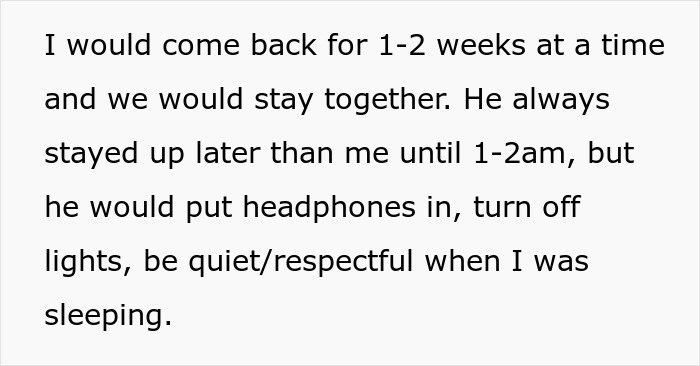 Text excerpt discussing boyfriend staying up late respectfully while girlfriend sleeps, highlighting sleep deprivation issues.