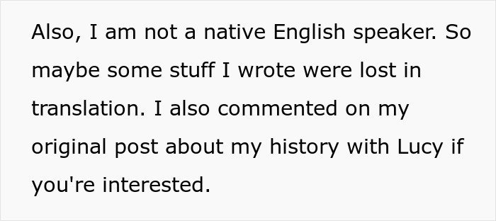 Text describing a non-native English speaker's message related to a personal history post. Text describing a non-native English speaker's message related to a personal history post.