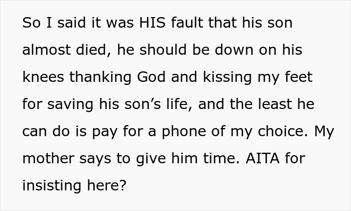 Text showing a man blaming a negligent dad for a near drowning, insisting on responsibility and compensation.