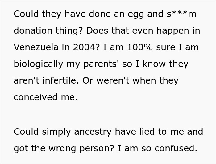 Text from image discussing family DNA results and doubts about ancestry confirmation. Text from image discussing family DNA results and doubts about ancestry confirmation.
