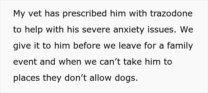 Text discussing adopted dog's anxiety treatment with trazodone for behavior issues. Text discussing adopted dog's anxiety treatment with trazodone for behavior issues.