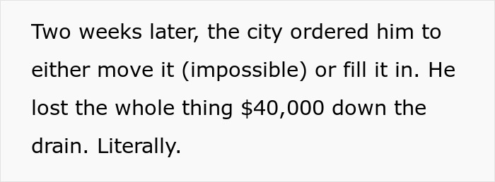 Text about a city order causing a $40K loss and removal of a swimming pool after a complaint about an illegal shed. Text about a city order causing a $40K loss and removal of a swimming pool after a complaint about an illegal shed.