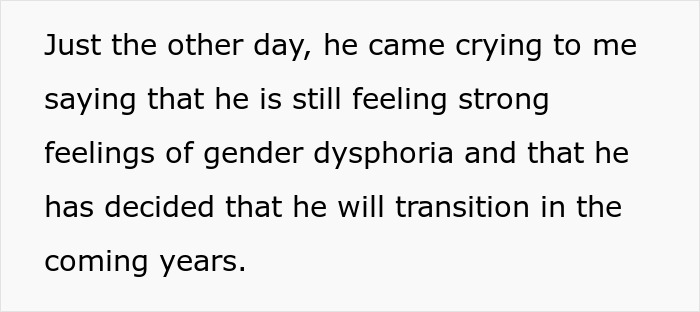 Text excerpt discussing strong feelings of gender dysphoria and plans to transition from a spouse coming out as trans. Text excerpt discussing strong feelings of gender dysphoria and plans to transition from a spouse coming out as trans.