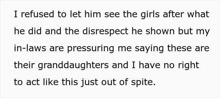 Text message about refusing access to children after BIL's actions, with in-laws claiming it's out of spite. Text message about refusing access to children after BIL's actions, with in-laws claiming it's out of spite.