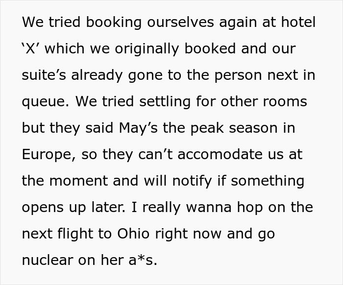 Text about a canceled honeymoon booking due to a fully booked hotel in peak season. Text about a canceled honeymoon booking due to a fully booked hotel in peak season.