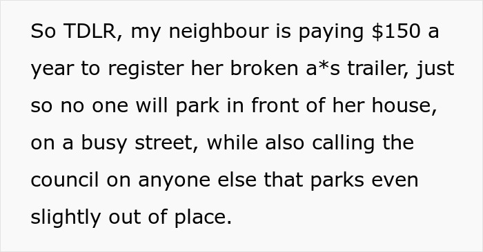 Neighbor dispute over parking and trailer registration on busy street. Neighbor dispute over parking and trailer registration on busy street.