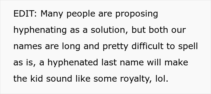 Text discussing a baby's last name, with a note on hyphenating being impractical. Text discussing a baby's last name, with a note on hyphenating being impractical.