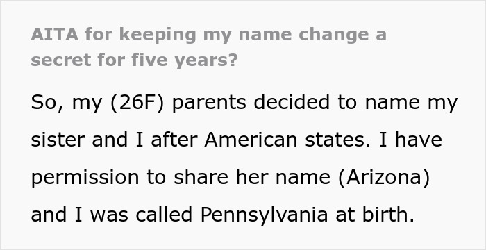 Text discussing secret name change after being named Pennsylvania at birth. Text discussing secret name change after being named Pennsylvania at birth.